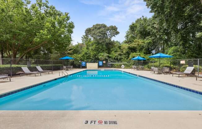 a swimming pool with chairs and umbrellas and trees