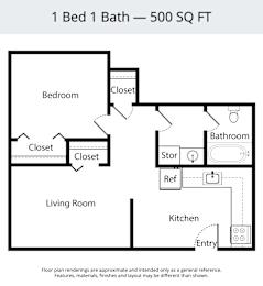 1 bed, 1 bath, 500 sqft, $1,075
