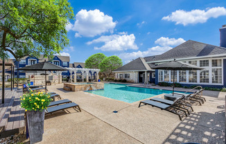 A pool area with sun loungers and a tree.