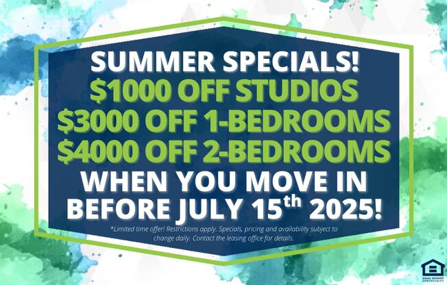 A promotional image advertising summer specials with discounts on studios and bedrooms.