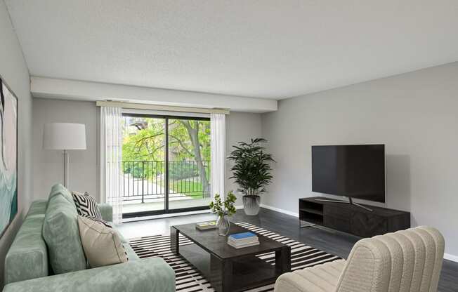 Laurel West End Apartments in Golden Valley, MN photo of a living room with a large window and a sliding glass door