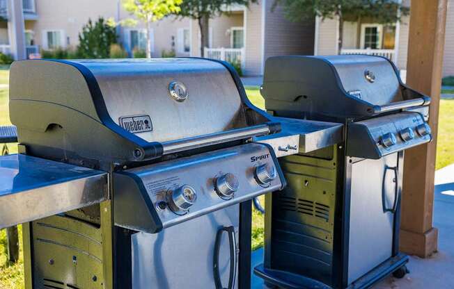 Two grills are placed on a stand outside.