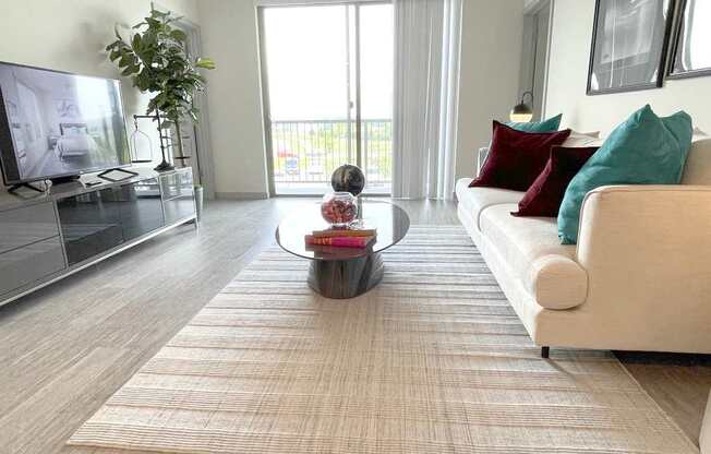 A living room with a white couch and a television.