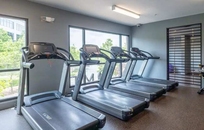 A gym with treadmills and a view of trees outside the window.