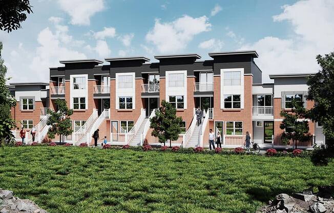 a rendering of a townhome building with people walking in front of it at Brownstones at Palisade Park, Colorado, 80023