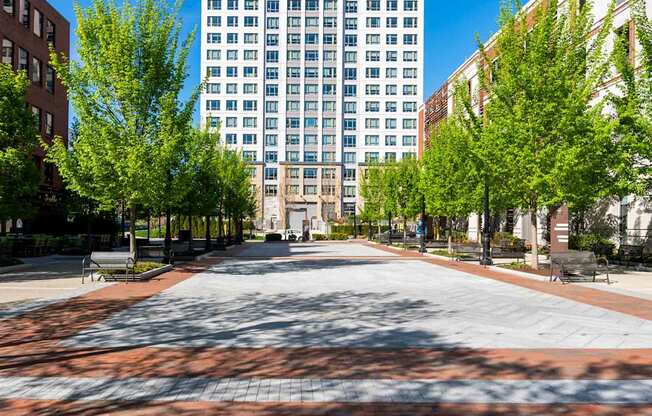 A city street with trees and benches in front of a tall building.