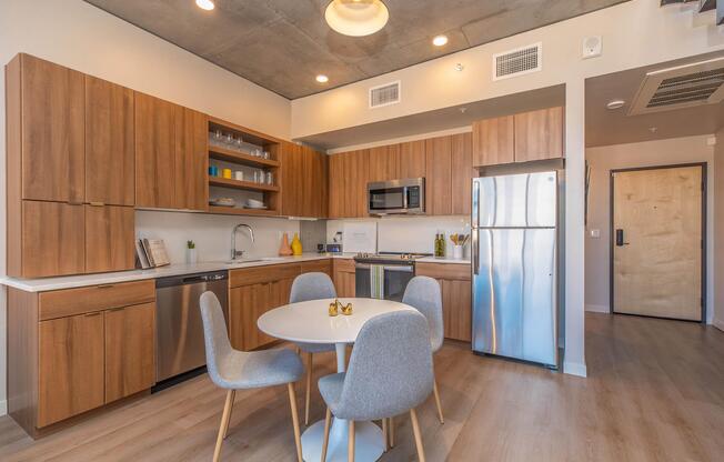 a kitchen with a wooden floor