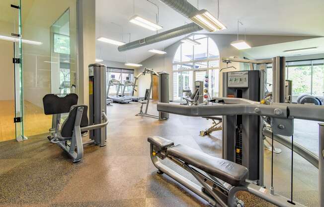 a gym with cardio equipment and weights at Riverset Apartments in Mud Island, Memphis, TN