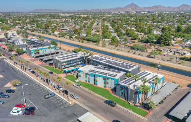 Parking and exterior at Radius Apartments in Phoenix AZ Nov 2020