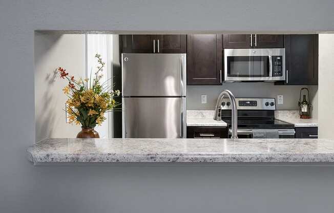 Kitchen with Peek Through with Granite Countertops and Stainless Steel Appliances