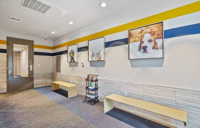 the lobby of a hospital with a dog on the wall