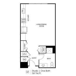 Studio, 1 bath, 567 sqft, $1,244