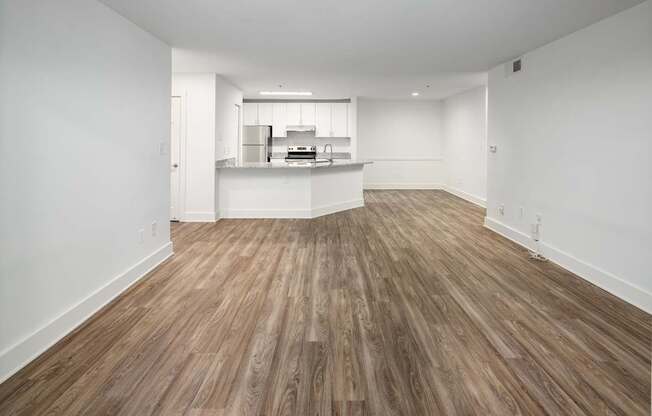 faux wood flooring in kitchen, living and dining room