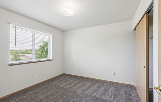 an empty living room with a large window and a carpet