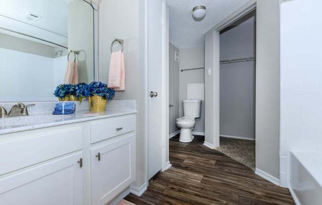 a bathroom with a sink and a toilet at The Davis Apartments, Huntsville, AL 35816  