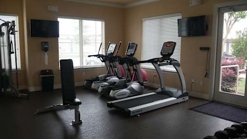A gym with treadmills, a weight bench, and a television.