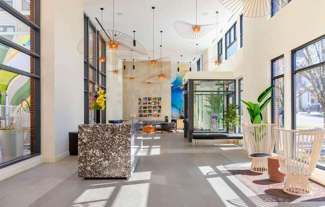 A modern interior with a mix of furniture and decorative elements.