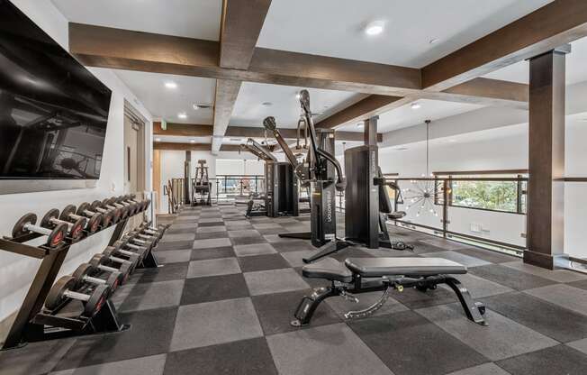 a gym with cardio equipment and weights on a checkered floor