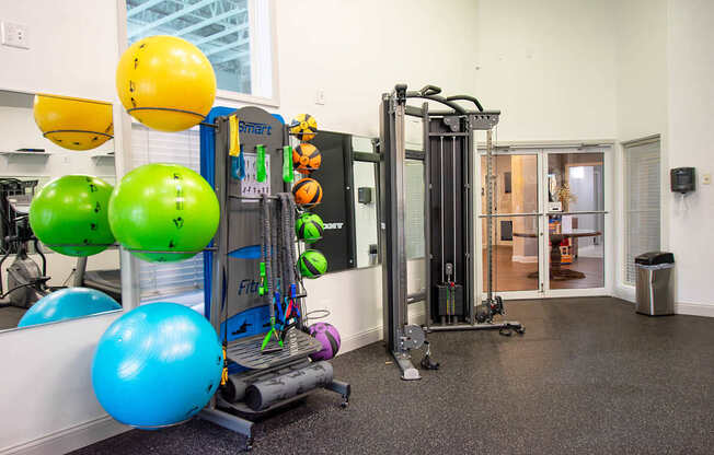 A gym with a variety of equipment including a treadmill, exercise balls, and a weight machine.