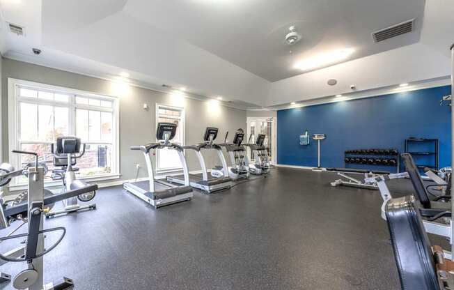 A spacious gym with treadmills, elliptical machines, and dumbbells.