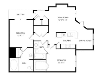 2 beds, 2 baths, 1,109 sqft, $1,605