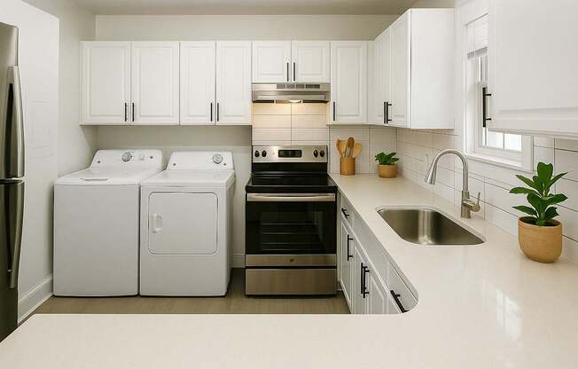 A white kitchen with a refrigerator, oven, and sink.