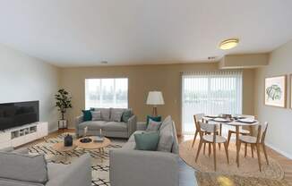 Open Living and Dining Room with Table, Couches and TV