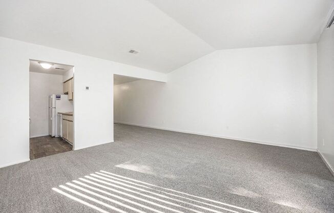 cathedral ceiling in living room with carpet at Hampton Lakes Apartments, Michigan, 49534