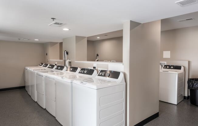 a row of washers and dryers in a laundry room