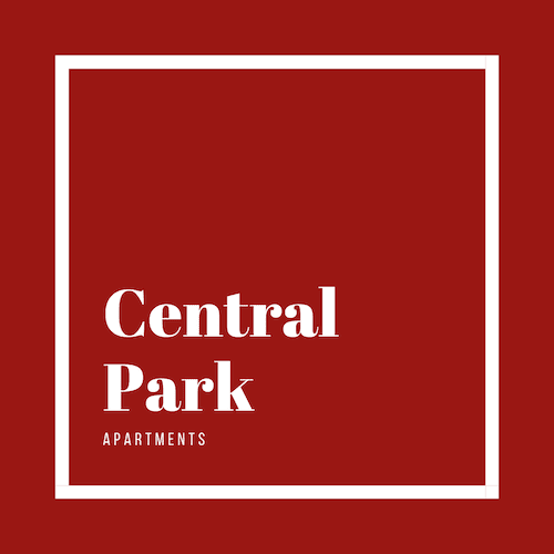 a white square in a red background with the words central park apartments