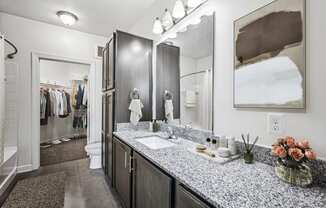 A bathroom with a vanity, sink, and mirror at Aspire Apollo, Camp Springs