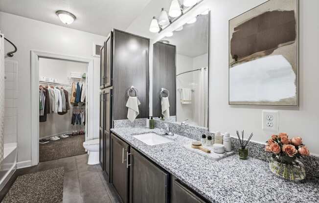 A bathroom with a vanity, sink, and mirror at Aspire Apollo, Camp Springs