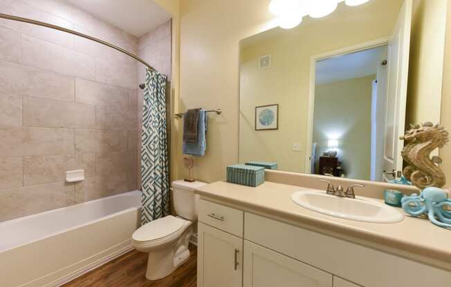 a bathroom with a white sink and toilet next to a bathtub with a shower curtain and