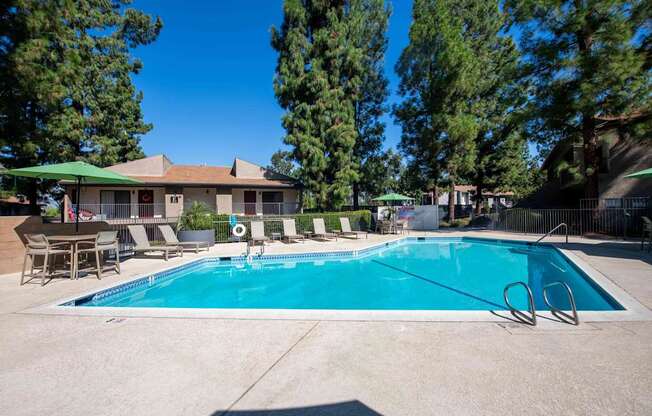 A swimming pool surrounded by trees and chairs.