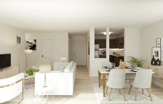 A modern living room with a white sofa, a white coffee table, and a TV on a cabinet.