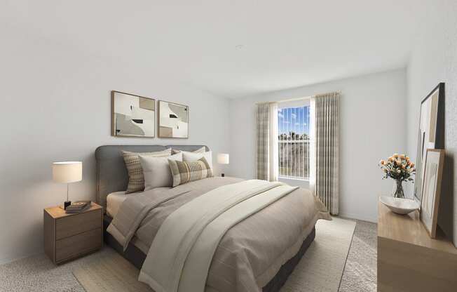 a bedroom with a large bed and a large window