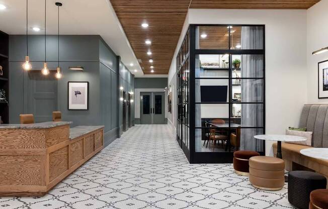 The hotel-inspired lobby welcomes you home to Modera Katy Trail.  Gather in the lounge or work from home with our Wi-fi in the co-working spaces or private offices.
