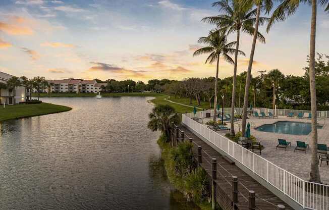 a view of a lagoon with a pool and palm trees