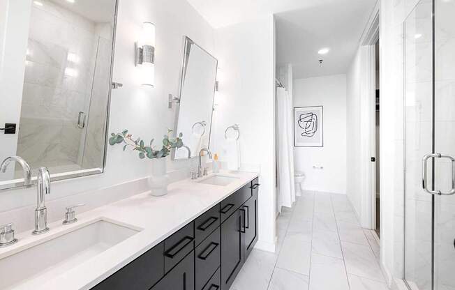A bathroom with a white sink and a large mirror.