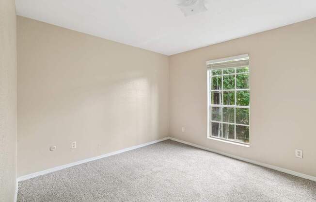 A room with a window and carpeted floor.