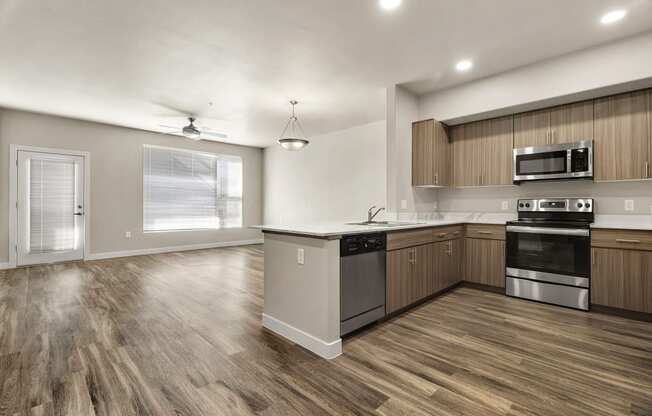 Kitchen and livingroom at V on Broadway Apartments in Tempe AZ November 2020