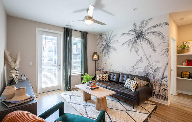 a living room with a couch and a coffee table