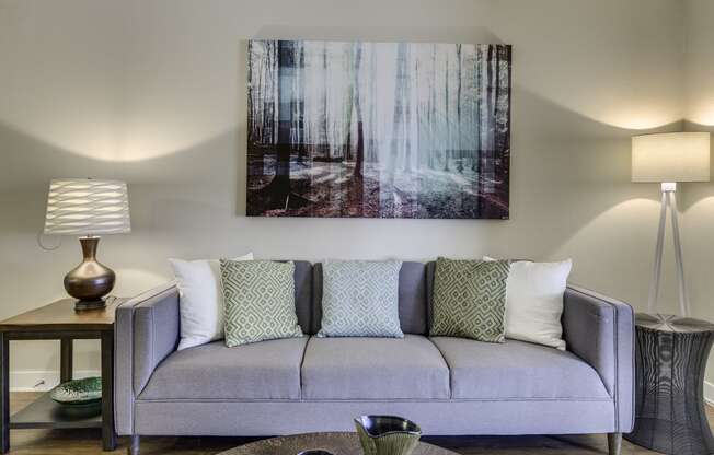 The Reserve at Bucklin Hill Apartments couch with pillows in a living room with a painting on the wall