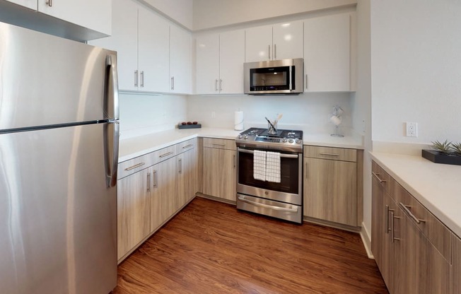 Modern kitchen with stainless steel appliances - The Roy Apartments