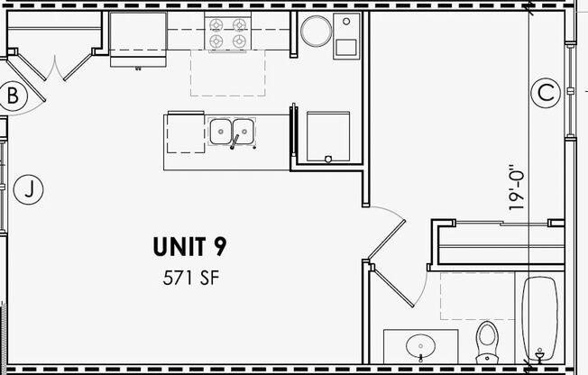 1 bed, 1 bath, 571 sqft, $1,450, Unit 9