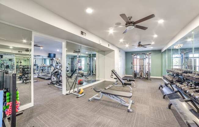 a gym with weights and cardio machines and a ceiling fan