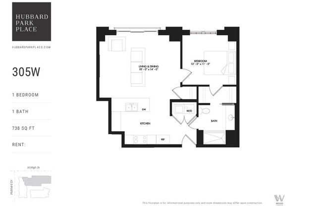 1 bed, 1 bath, 738 sqft, $1,900, Unit 305W
