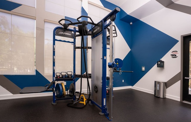 A gym with a blue and white wall and a weight machine.