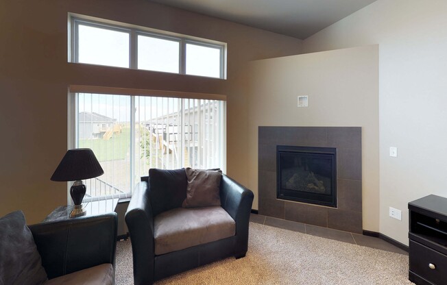 fireplace, gas fireplace, living room, large windows