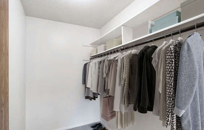 a walk in closet with a rack of clothes at Seville Apartments, Kalamazoo, MI, 49009